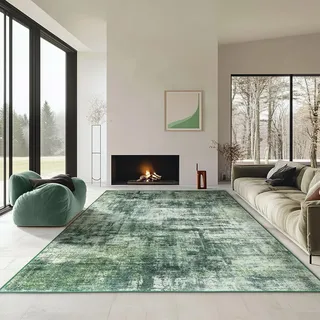 SRTJURFG Teppich Groß 200x250 cm Wohnzimmer rutschfest Waschbar Kurzflor Teppiche für Heimbüro Schlafzimmer Moderne abstrakte Tinte grün