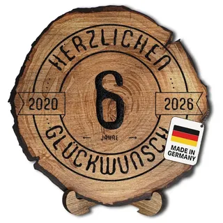 Holzscheibe 6 Jahre Geburtstag, Glückwunsch-Schild, Baumscheiben-Optik, Ø 30 cm, HDF-Platte 6 mm