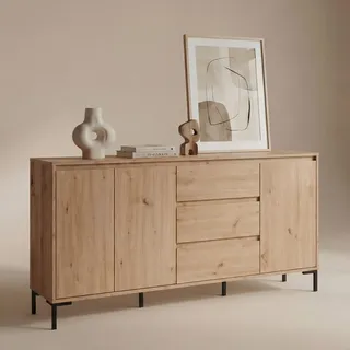 Sideboard 170 cm Wildeiche 3 Türen 3 Schubladen grifflos | Kommode Anrichte Wohnzimmerschrank modern mit schwarzen Metallbeinen - Braun