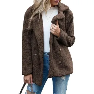 LCDIUDIU Damenmäntel In Übergröße, Fleece, Warme Winterjacke mit Teddy muster, Khaki, Lange Ärmel, Revers, Zweireihiger Blazer mit Tasche, Lässige, Lockere Übergangsoberteile - S