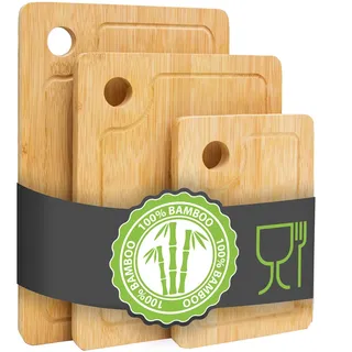 DuneDesign Richtig Dick & Stabil: Massives Schneidebrett Bambus 3er Set - 33x22cm Antibakterielles Holzbrett mit Saftrille - Küchenbretter Bambus Schneidebrett Holz Holzbrett Küche Zubehör Haushalt