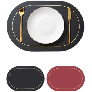 Wambere 6 Stück 45cm×30cm Tischsets Platzsets Leder,Zweifarbiges Ovales Tischset,Tischdekoration Tischuntersetzer Essunterlagen Tischsets Abwaschbar Abwischbar rutschfest Hitzebeständig,Schwarz + Rot