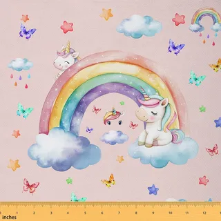 Homemissing Bunte Regenbogen Druck Patchwork Stoffe Mädchen Einhorn Stoff Meterware Super weiche Einhorn und niedliches Pferd Stoff 92x150cm