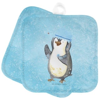 Mr. & Mrs. Panda Topflappen Pinguin Duschen - Eisblau - Geschenk, Topflappen lustig, Topfunterset, (1-tlg), Strapazierfähig blau