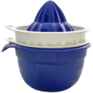 Tupperware SET Combi Plus kleine Rührschüssel 625 ml mit Deckel + Zitruswunder Zitruspresse Reibe dunkelblau blau weiß