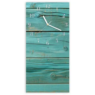 Primedeco Wanduhr Glasuhr Wandkunst Größe 30 x 60 cm mit Motiv Holzplanken Türkis