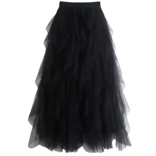 WangsCanis Damen Tüllrock Elastische Taille Unterrock Ballettrock Faltenrock Maxirock Sheer Tutu Tüll Rock, Einheitsgröße, Schwarz - Einheitsgröße