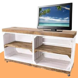 Moooble TV Bank weiß, auf Rollen | braune Deckplatte & Regalböden, aus Holz, 4 Fächer | 100x30x50 cm | moderner TV Schrank, Sideboard