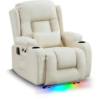 LIFTSHA Relaxsessel mit Liegefunktion für Erwachsene, Fernsehsessel Elektrisch Verstellbar mit Heizung & Vibrierende Massage, TV Sessel Heimkinositze mit LED-Umgebungslicht (1, Weiß)