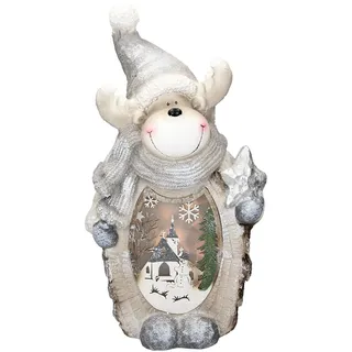 ECD Germany Rentier Figur mit LED Beleuchtung 51 cm Warmweiß Weiß mit grauem Hut und Schal, Holzoptik, Batteriebetrieben, für Innen, LED-Weihnachtsdeko Weihnachtsfigur Weihnachten Tischdeko