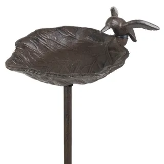 Moritz Vogeltränke Gusseisen 99 cm Gartenstecker mit Erdspieß antik braun Schale Blattform Kolibri Vogelbad Garten Beet wetterfest Deko
