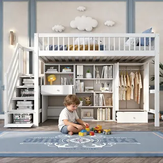 Su & Chan Legence Hochbett 90 x 200cm, Kinderbett mit Schreibtisch, Kleiderschrank, Stauraum Treppe, Schubladen und Staufächern, Einzelbett mit Lattenrost, Ohne Matratze, Weiß