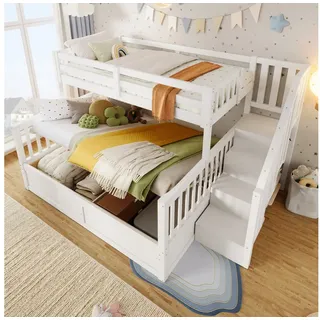 OKWISH Etagenbett mit Stauraum und Ablageleiter, platzsparendes Doppelbett (Jugendbett Stauraumbett, 90x200 + 140x200 cm), ohne Matratze weiß