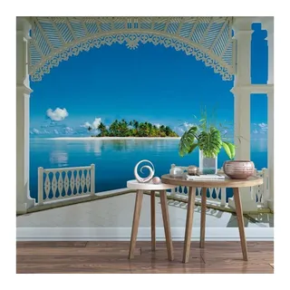 K&L Wall Art Fototapete Große Fototapete Insel im Meer Papiertapete Strand Balkon Tapete, Wohnzimmer Wandbild modern blau