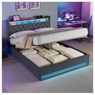 MODFU Polsterbett Funktionsbett Stauraumbett Gästebett (Stilvolles Polsterbett Dunkelgrau aus hochwertigem holländischen Samt mit hochelastischem Schaumstoff, 1-tlg., 160*200), Mit LED-Lichtleiste und USB-Aufladung grau