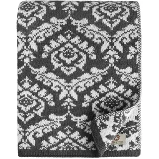 Linen & Cotton Jacquard Decke Wolldecke Gestrickt Caressa mit Damast Muster - 100% Reine Neuseeland Wolle, Schwarz/Weiß (135 x 180cm) Kuscheldecke Strick/Sofadecke/Strickdecke/Plaid Couch Sofa