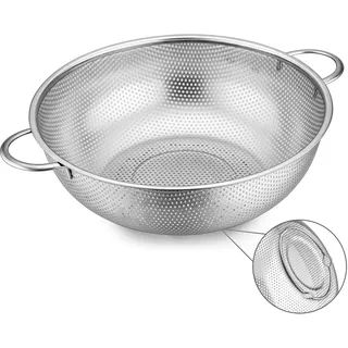 Herogo Edelstahl Nudelsieb, 28cm groß Küchensieb Sieb mit Griff zum kochen | Micro-Perforierte Metallsieb Abtropfsieb für Ablaufen & Spülen Gemüse/Obst/Nudeln/Reis, hochgezogene Füße, Spülmaschinenfest
