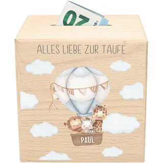 Taufe Spardose für Kinder mit Schlüssel personalisiert Taufgeschenk Jungen & Mädchen Sparschwein Holz Heißluftballon Holzspardose