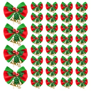WANDIC Weihnachtsschleife mit Glocken, 32 Stück Mini-Schleifen-Ornamente, Weihnachtsfleckenschleife für Geschenk, Weihnachtsbaum, Party-Dekoration