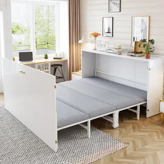 OKWISH Funktionsbett Gästebett Holzbett (140x200 cm Klappbett mit Matratze und drehbarem Schreibtisch), Inklusive Matratze weiß