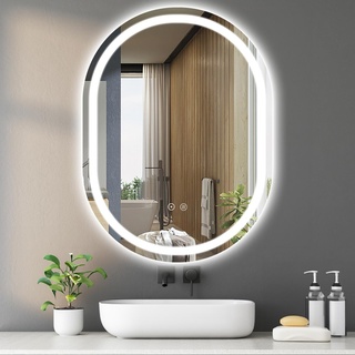 SaniteModar LED Badspiegel 70x90cm, Ovales Badezimmerspiegel mit Beleuchtung, Wandspiegel mit Dreifarbigen Lichtern, Beschlagfrei, Touch-Schalter