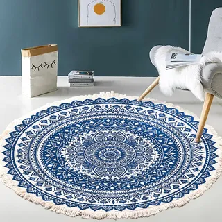 Vintage Boho Baumwolle Teppiche Mandala Muster Waschbar Handgewebte Böhmische Runder Teppich mit Quasten für Schlafzimmer Flur Wohnzimmer Couchtisch Fußmatten,Waschmaschinenfest,90CM Blumen #20