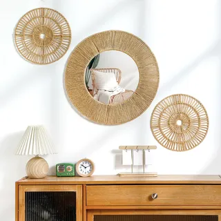 Yerliker Boho-Wandspiegel mit natürlicher Jute, 50 cm, 30 cm, Rahmen, Wandbehang, Dekoration, rustikal, rund, Boho-Kreisspiegel, dekorativer Hängespiegel für Badezimmer, Wohnzimmer, Schlafzimmer, 3