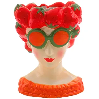 Dekohelden24 Blumentopf Pflanztopf Vase als Frau mit Erdbeerkopfschmuck, Pflanzgefäß Frau mit Erdbeere, Dekor aus Keramik in bunt, L/B/H 12 x 13 x 18 cm.