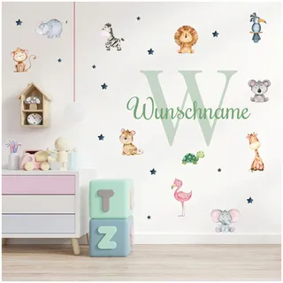 yabaduu Wandsticker personalisiert Sticker Aquarell Tiere mit Name Wandtattoo für Kinderzimmer Babyzimmer Spielzimmer Mädchen Junge Y037 (Nr. 3 Tiere, Mit Wunschname)