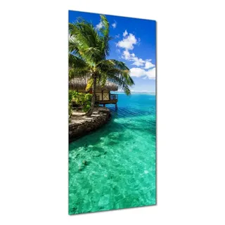 Wallario selbstklebende Duschrückwand 90 x 180 cm mit Motiv Karibisches Meer  Einsame Hütte unter Palmen - Wandverkleidung mit Hochglanzlaminat i... - Schwarz