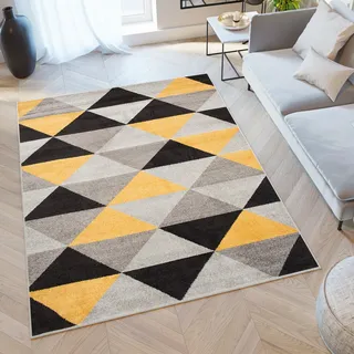 TAPISO Lazur Teppich Kurzflor Geometrisch Figuren Dreieck Grau Gelb Schwarz Wohnzimmer Schlafzimmer Modern Design ÖKOTEX 80 x 150 cm