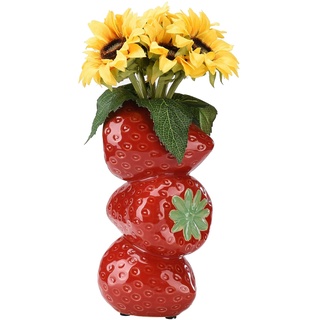 PRTECY Erdbeervase für Blumen, Einzigartige Erdbeer-Obstvase, Blumentopf, Dekorative Keramikvase für Blumenarrangements, Vintage-Home-Küchendekoration(Rot)