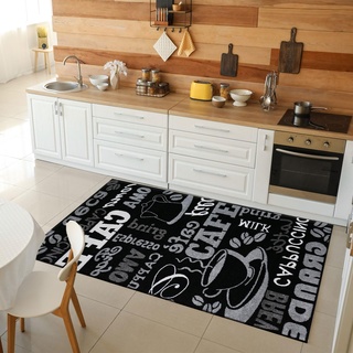 VIMODA Küchenteppich Teppichläufer Coffee Design Modern Kaffee Muster in Schwarz ideal für die Lounge oder Küche, Maße:160x220 cm