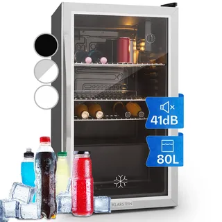 Klarstein Beersafe Getränkekühlschrank 80 L – Kühlschrank mit Glastür, Silber | LED-Beleuchtung, herausnehmbare Metallablagen, leise, Flaschenkühlschrank für Getränke & Dosen