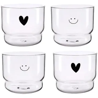 MRDLKNX 4 Trinkgläser, niedlicher Eiskaffee, Glasbecher mit aufgedrucktem Smiley-Gesicht/Herz, klare Kaffeetasse – Glaswaren für Wasser, Soda, Tee, Milch, 4 Stück