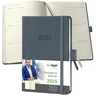 Sigel C2567 Wochenplaner Wochenkalender 2025, ca. A6, dunkelgrau, Hardcover, 176 Seiten, Gummiband, Stiftschlaufe, Archivtasche, aus nachhaltigem Papier, Conceptum