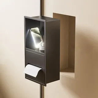 Toilettenpapierhalter Unterputz Schwarzer Wandmontierter Toilettenpapierhalter mit Telefonablage, Wasserdichter Vertiefter Taschentuchbox-organisator, Eingebauter Duschaufbewahrungsschrank für Bad