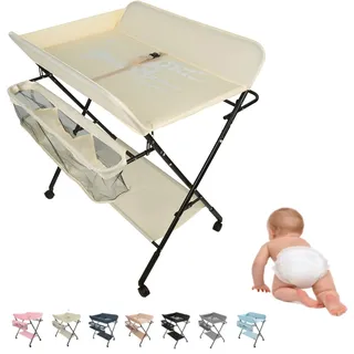MUL-BOUTIQUE Wickeltisch, klappbar, abnehmbarer Wickeltisch mit Rollen und Aufbewahrungskorb, tragbar, höhenverstellbar, für Babys, 80 x 66 x 98 cm (80 x 66 x 98 cm, beige)