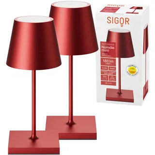 SIGOR 2 Stück Nuindie 2.0 mini - Dimmbare kleine LED Akku-Tischlampe Indoor & Outdoor, IP54 spritzwassergeschützt, Höhe 25 cm, aufladbar mit USB-C, 12 h Leuchtdauer, kirschrot