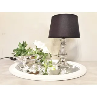 DRULINE Tischlampe Steffi Lampe Nachttischleuchte mit Schirm Klassische Dekoration fürs Schlafzimmer Wohnzimmer Esszimmer aus Keramik Silber Fuß (Schwarz, Mittel H47 cm)