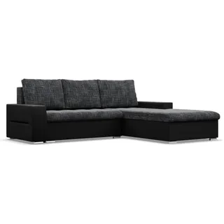 Mebligo - Ecksofa mit Schlaffunktion und Bettkasten Aurora, Eckcouch mit Ottomane Rechts, Sofa L Form (BxTxH) 243 x 200 x 92 cm, Couch Wohnzimmer, Ecke Sofa, Schwarz + Schwarz (Samt und Kunstleder)