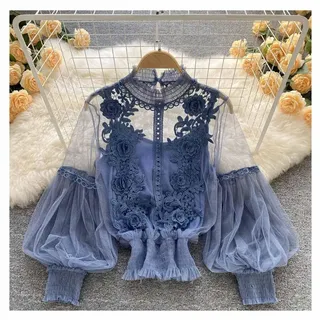 SHTGOI Damen Spitzenbluse Durchsichtig Tüll Oberteil mit Dreidimensionale Blumen und Laternenärmel Elegant Viktorianische Bluse Langarm Rundhals Hemd für Sommer Reisen Feiern Shoppen Blau