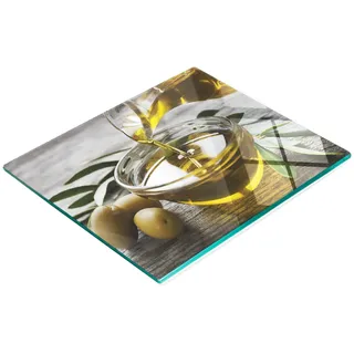 Küchenschneidebrett Aus Glas Mit Grafischer Olivenölschale, 60 X 52 Cm