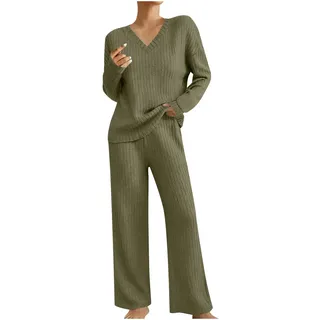 Schlafanzug Damen Lang Gerippt Hausanzug Kuschelig Einfarbig Pyjama Set Elegant Langarm Nachtwäsche Zweiteiler Weich Strickanzug Loungewear für Herbst Winter - XL
