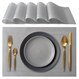 IPEA Amerikanische Tischsets, elegant, 45 x 30 cm, für Abendessen, Mittagessen, Frühstück, 6 Stück, waschbar, hitzebeständig, rutschfest, schmutzabweisend für Küchen- und Esszimmertisch, Grau