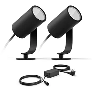 Philips Hue Lily 2er Set Gartenstrahler (Anthrazit) - Weiß und Farbiges | Gartenbeleuchtung - Weiß/Farbiges Licht - Inkl. Zuleitungskabel - Hue White and Color Ambiance