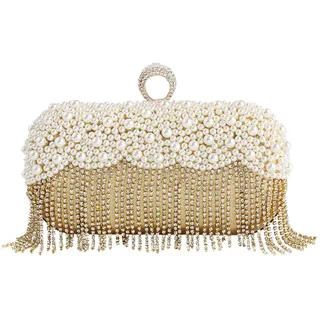 CORIOS Damen Clutch Perlen Strass Fransen Abendtasche Braut Handtasche Abnehmbarer Kette Umhängetasche Elegant Schultertasche für Hochzeit Abendparty Geburtstag Tanzparty Bankett Gold
