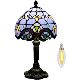 Kinbolas Tischlampe kleine im Tiffany Stil,Vintage Nachttischlampe,Schlafzimmer Deko Lampe,Jugendstil Tischleuchte,Blau Barock Buntglas Lampenschirm 20cm / 8 Zoll mit E14 LED Birne(HUAHAOBLK8-BLUE)