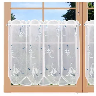 Maritime Scheibengardine Segelboot Badgardine zart Bestickt Echte Plauener Spitze 45 x 128 cm