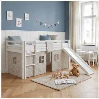 Homestyle4u Hochbett weiß mit Leiter und Stoffvorhang grau